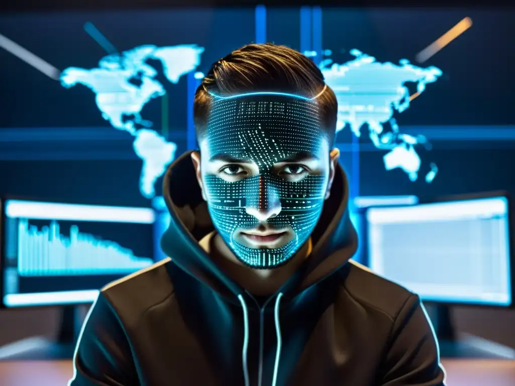 Un hacker en un entorno futurista, con líneas de código proyectadas en su rostro