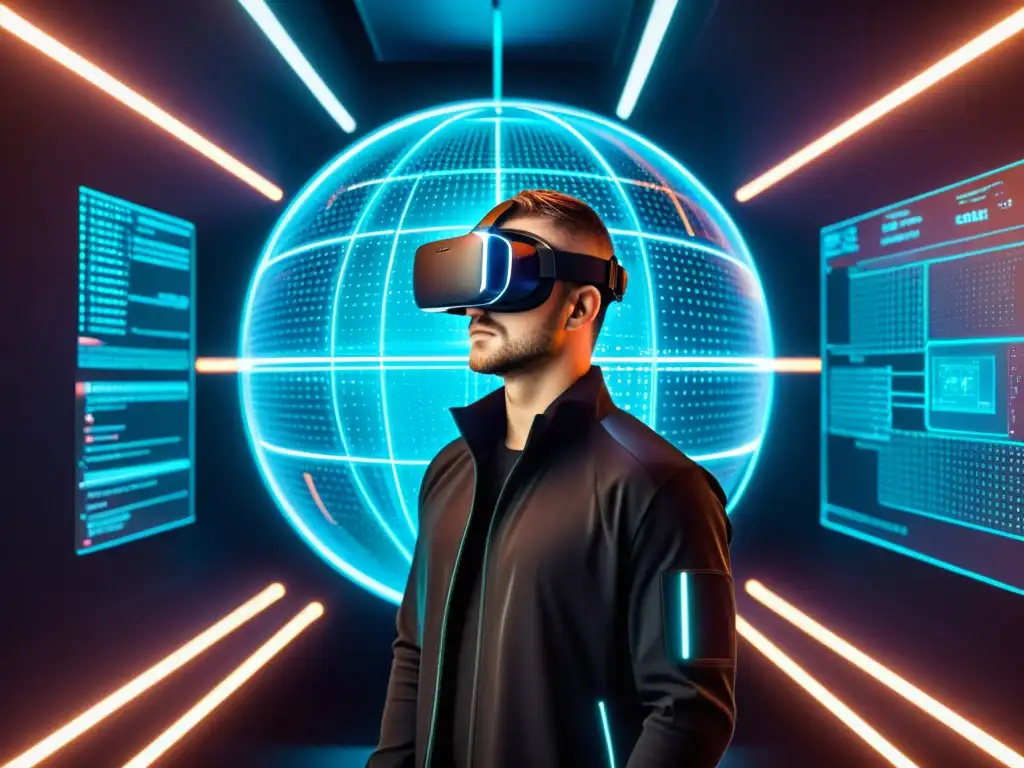 Un hacker en un entorno futurista de realidad virtual, manipulando código digital, rodeado de tecnología avanzada