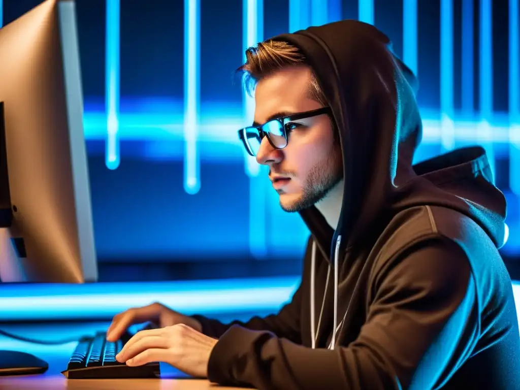 Imagen impactante de hacker en la oscuridad Un hacker en una habitación futurista, concentrado frente a una pantalla con código