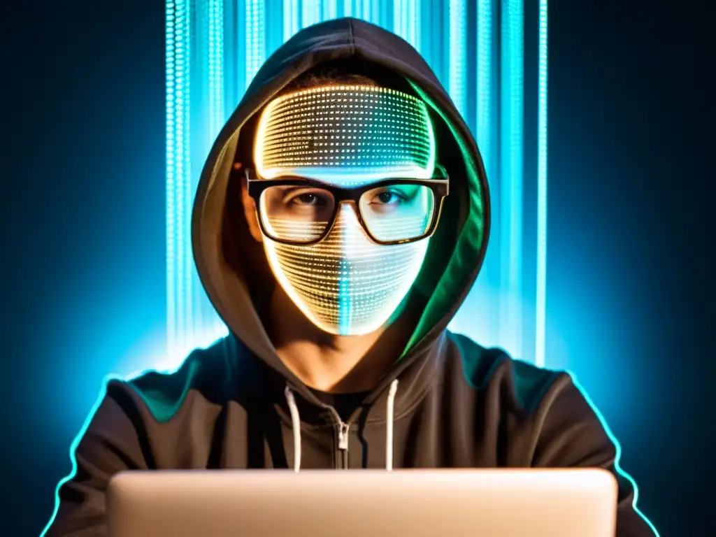 Un hacker en la oscuridad frente a la computadora, reflejo de código en sus gafas