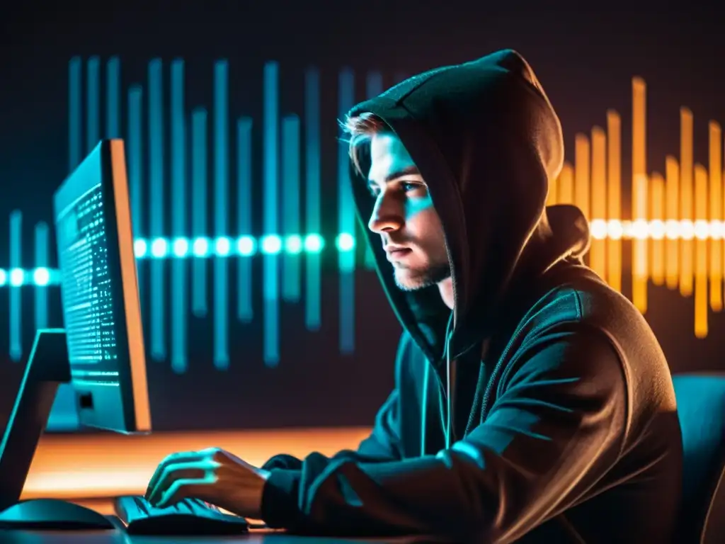 Un hacker en la penumbra frente a un monitor, rodeado de líneas de código y visualizaciones de datos