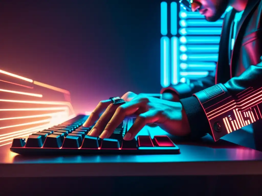 Un hacker teclea rápidamente en un teclado futurista, con código y gráficos reflejados en sus lentes