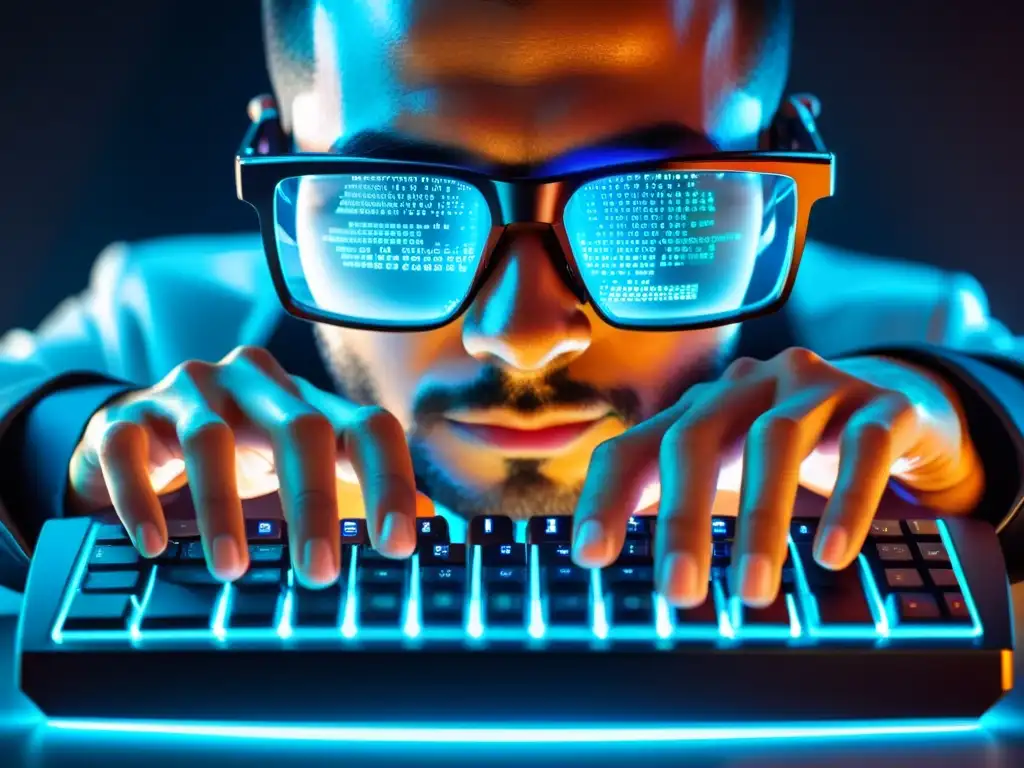 Un hacker teclea en un teclado futurista con código reflejado en sus ojos, mostrando la ciberseguridad en la Era Digital