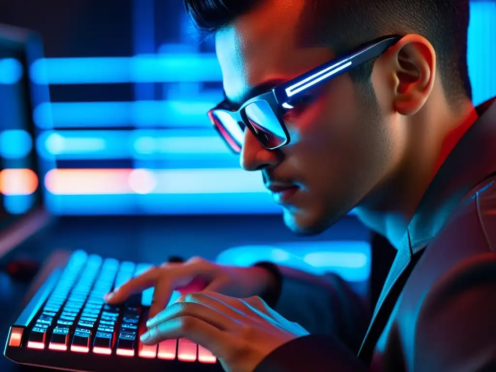 Un hacker teclea frenéticamente en un teclado futurista, con código reflejado en sus gafas, en una escena de alta tecnología y tensión