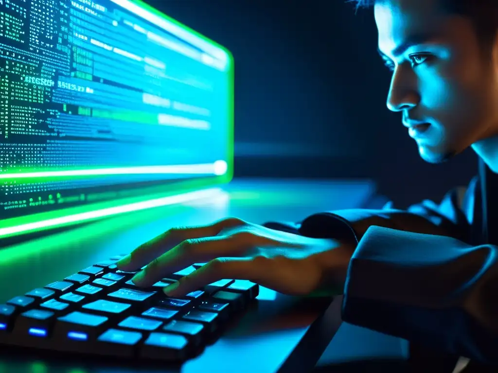 Un hacker teclea en un teclado futurista mientras códigos y luces brillantes lo rodean