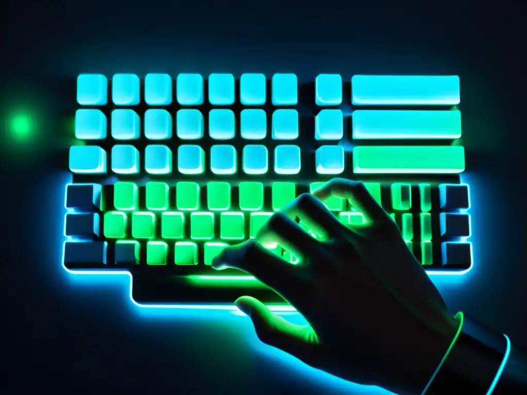 Un hacker teclea en un teclado futurista con luces de neón azul y verde en una habitación oscura, creando un ambiente misterioso