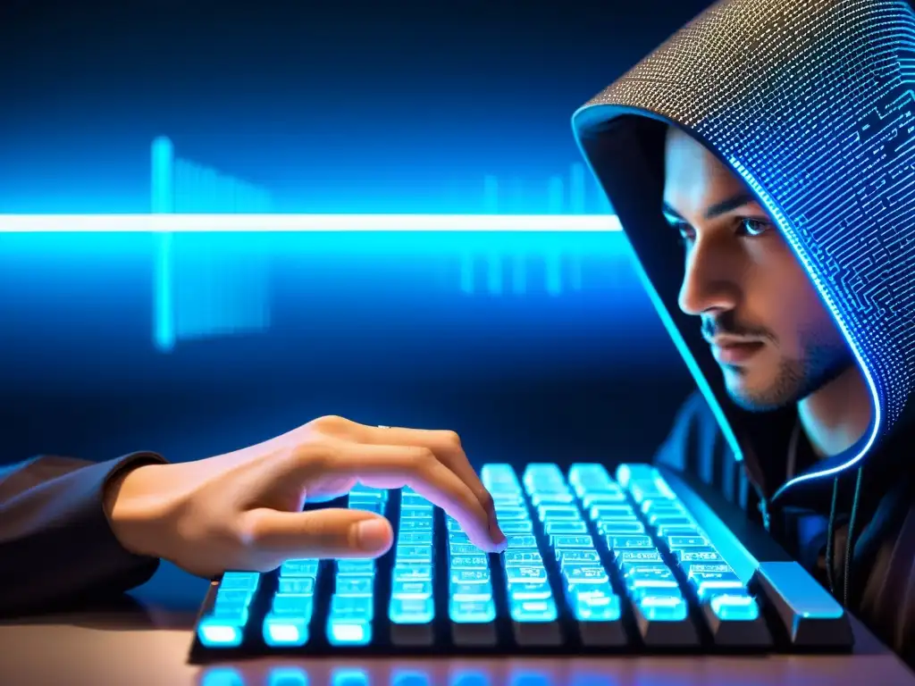 Un hacker teclea en un teclado futurista, rodeado de código informático y datos binarios en una pantalla de alta resolución