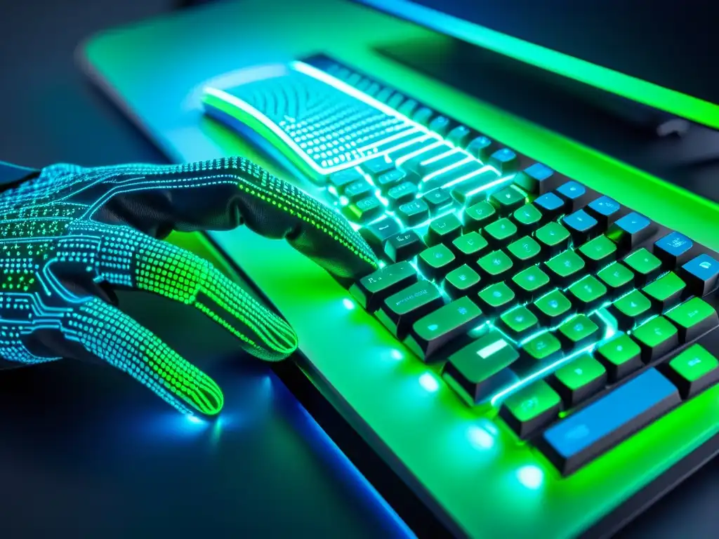 Un hacker teclea en un teclado futurista, rodeado de líneas de código y datos digitales en un ambiente misterioso y futurista