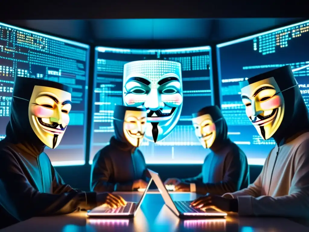 Hackers anónimos con máscaras de Guy Fawkes manipulan hologramas futuristas y código binario, simbolizando el hacktivismo como forma de protesta