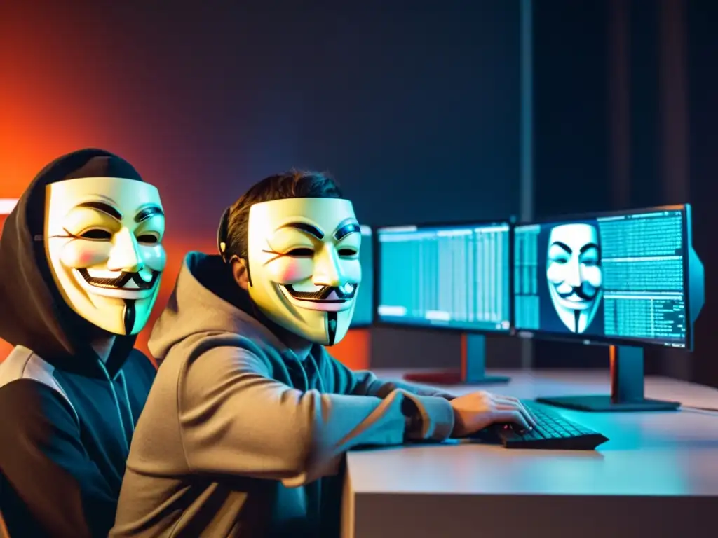 Hackers enmascarados con expresiones determinadas frente a pantallas de computadora, rodeados de líneas de código y gráficos digitales