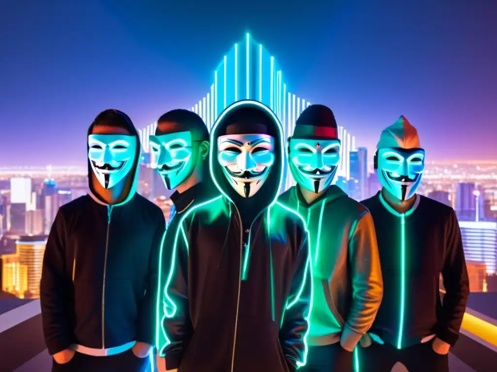 Hacktivismo como forma de protesta: Grupo enmascarado frente a una ciudad futurista iluminada con luces de neón y datos digitales