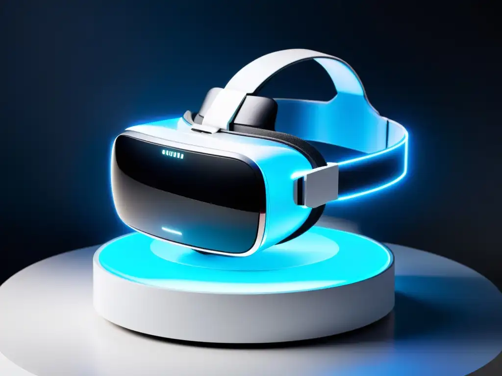 Un headset de realidad virtual futurista emite un suave resplandor azul sobre un paisaje holográfico sereno