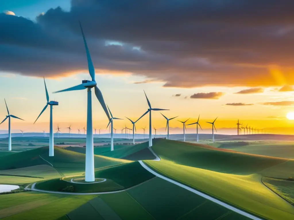 Un hermoso parque eólico futurista se destaca en el paisaje, con turbinas girando graciosamente al atardecer