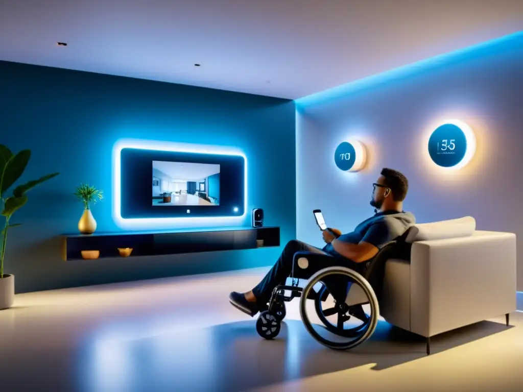 Control accesible: Casa inteligente con tecnología IoT para personas con discapacidades Tecnología IoT para hogar inclusivo: Persona con discapacidad controlando la casa de forma autónoma con dispositivos IoT de diseño futurista