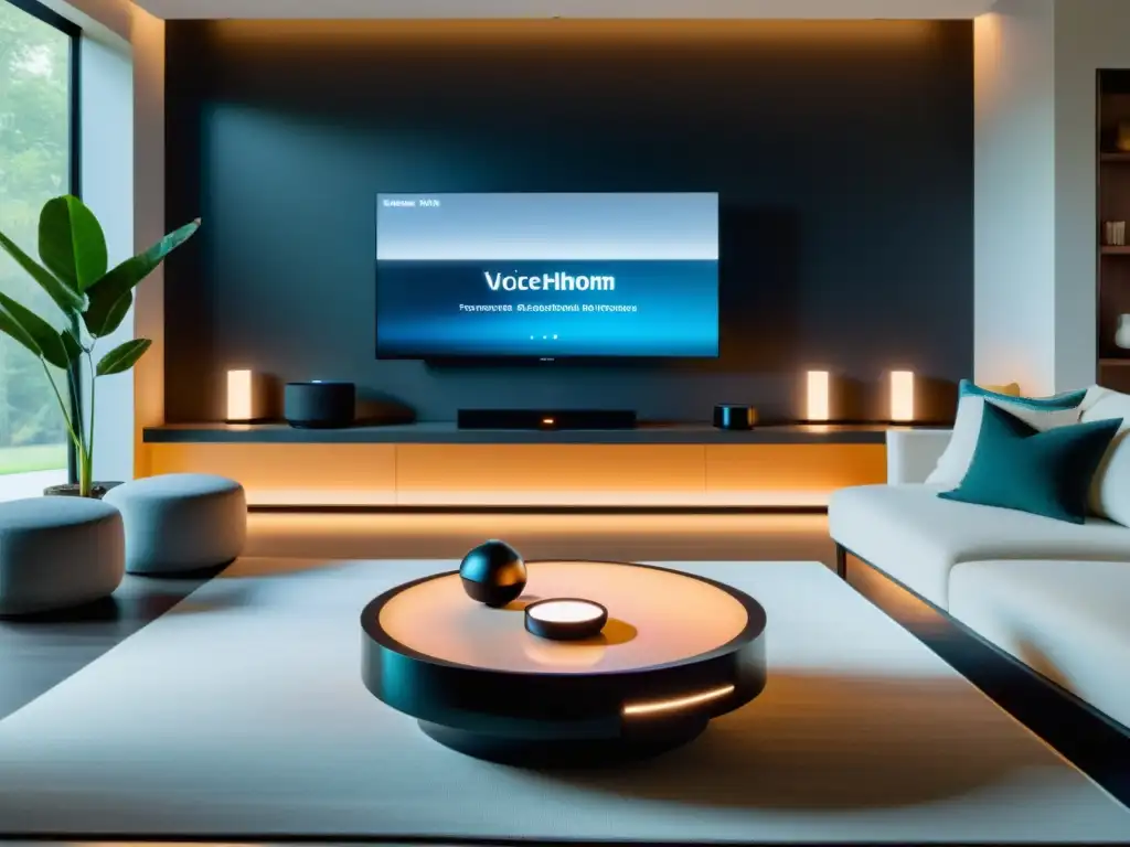 Un hogar inteligente moderno con dispositivos controlados por voz, iluminación y entretenimiento, destacando el impacto 5G en asistentes de voz