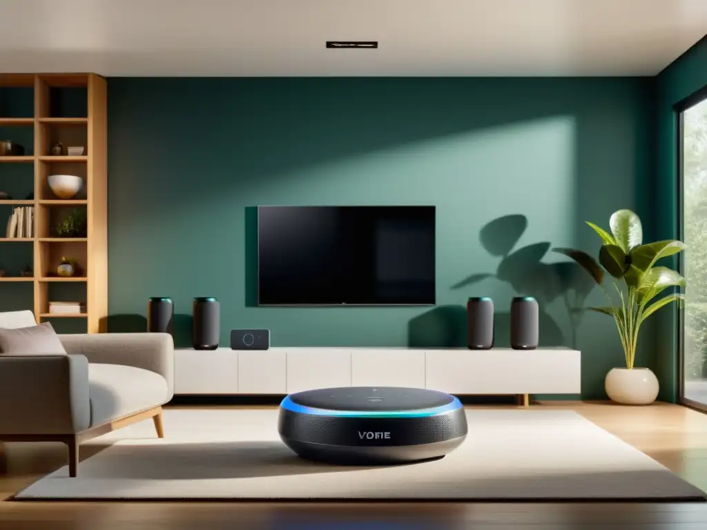 Un hogar moderno con dispositivos IoT y IA integrados en la vida diaria, con diseño elegante y funcional