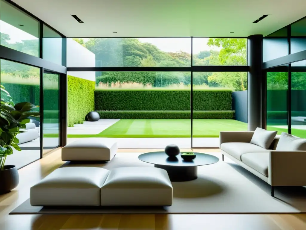 Un hogar moderno con mobiliario minimalista y dispositivos IoT integrados, ofrece asistencia domiciliaria con IoT en un ambiente sereno y futurista