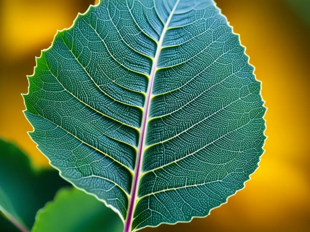 Una hoja de planta saludable con nanopartículas metálicas, reflejando la innovadora aplicación de nanotecnología en agricultura beneficios