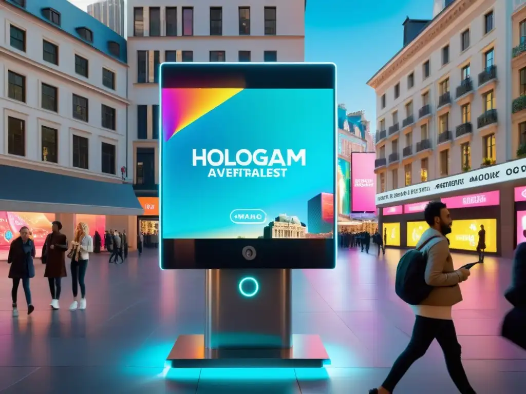 Un holograma futurista muestra impacto de la publicidad inmersiva en una bulliciosa plaza urbana llena de luces de neón