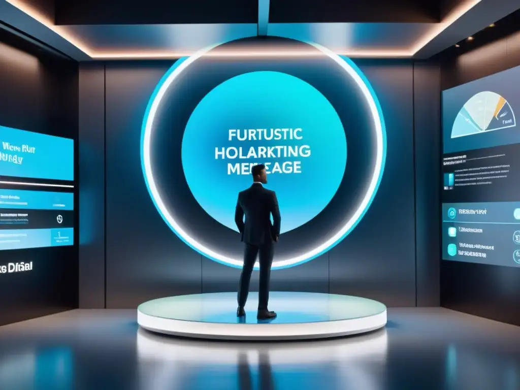 Publicidad personalizada en holograma: la era digital Un holograma futurista muestra mensajes de marketing individualizado en la era digital, con tecnología vanguardista y análisis de datos avanzados