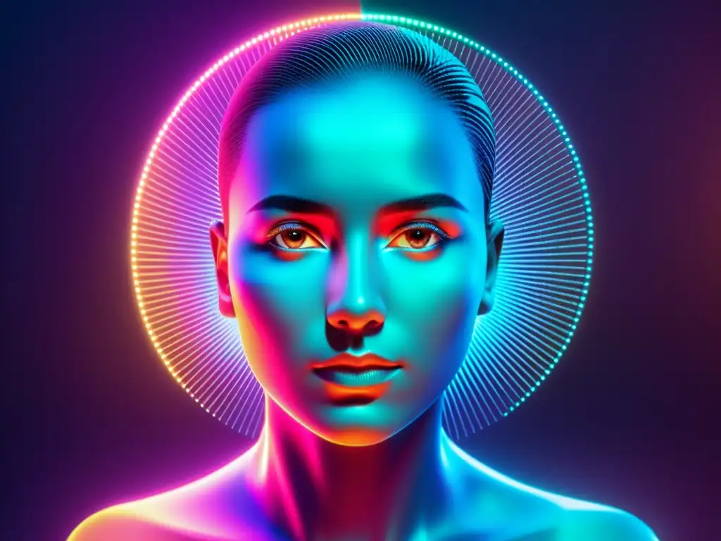 Un holograma futurista muestra métodos avanzados de autenticación digital con colores vibrantes y diseño minimalista