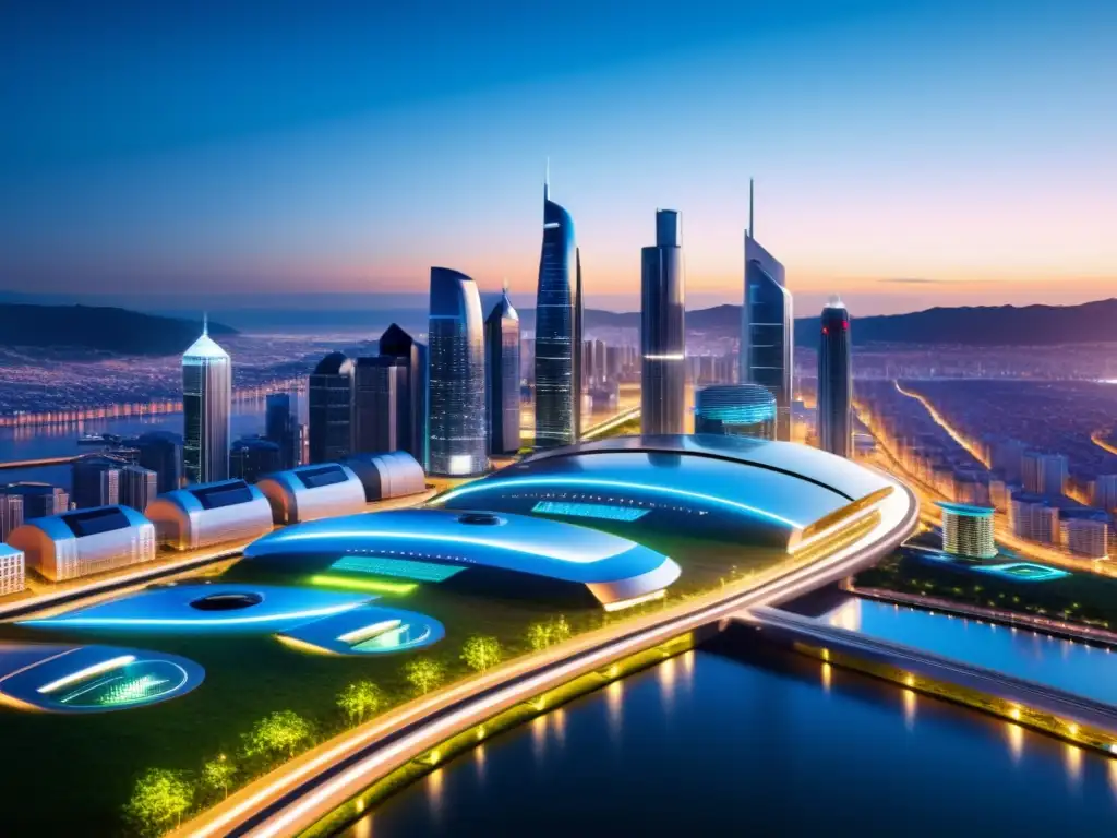 Skyline futurista de ciudad energéticamente eficiente Horizonte de una ciudad futurista y eficiente energéticamente, con edificios modernos y tecnología avanzada