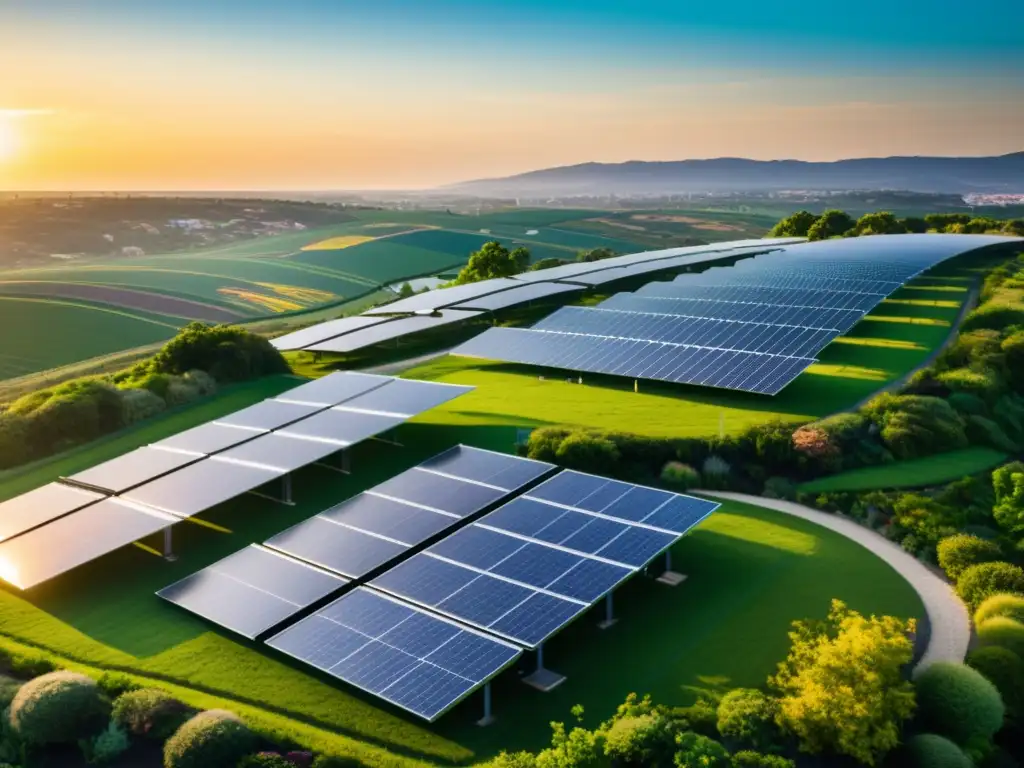 Un horizonte de ciudad moderna y sostenible al atardecer, con paneles solares integrados en los edificios, en armonía con un paisaje verde