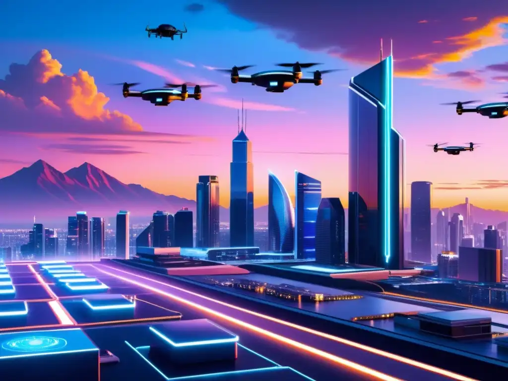 Horizonte futurista de alta tecnología con edificios metálicos, señales de neón y drones