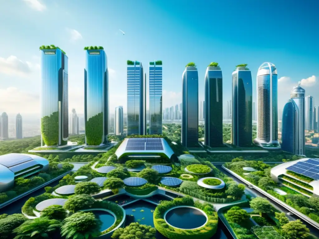 Horizonte futurista de ciudad ecoamigable, integrando tecnología avanzada y naturaleza para mitigar el impacto ambiental con inteligencia artificial