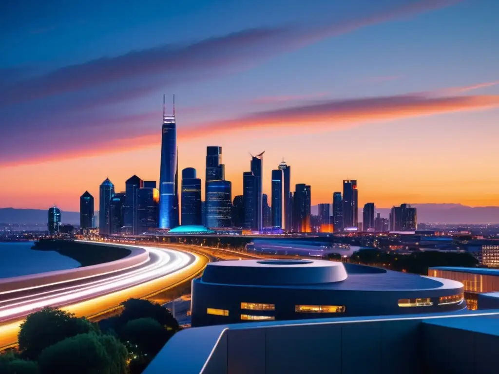 Un horizonte futurista de una ciudad iluminada con arquitectura vanguardista y luces vibrantes