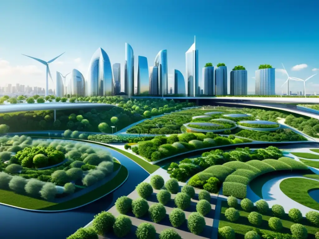 Horizonte futurista de ciudad con tecnologías emergentes para combatir cambio climático