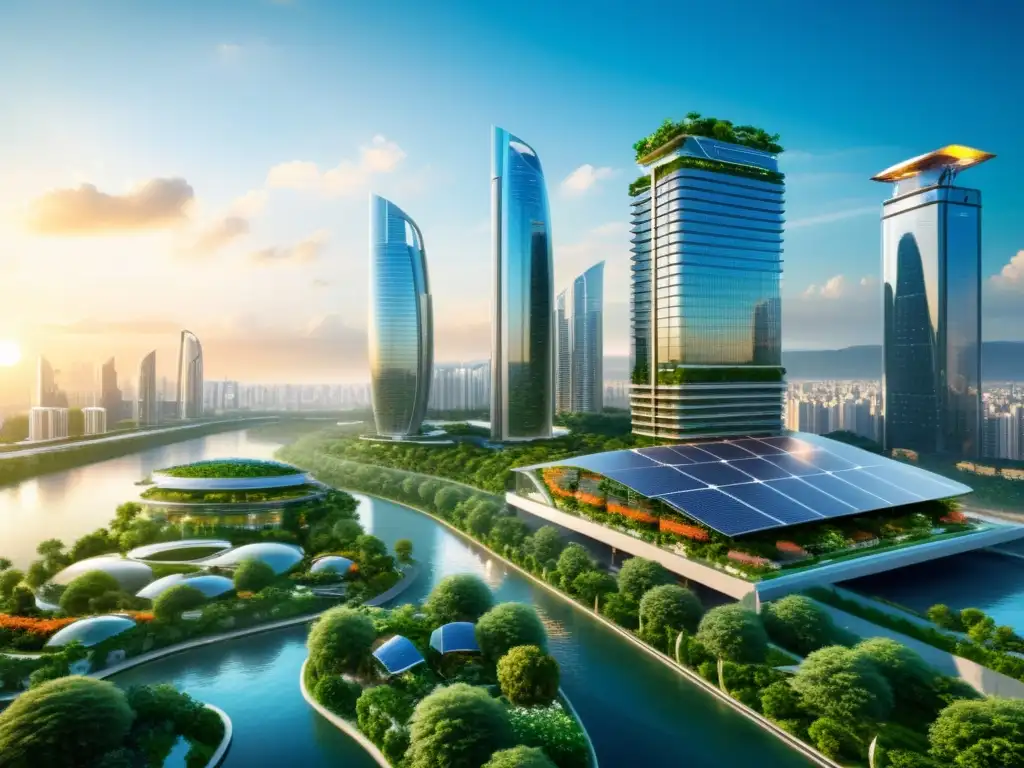 Horizonte futurista con rascacielos ecológicos integrados con vegetación, mostrando la armonía entre tecnología avanzada y sostenibilidad ambiental