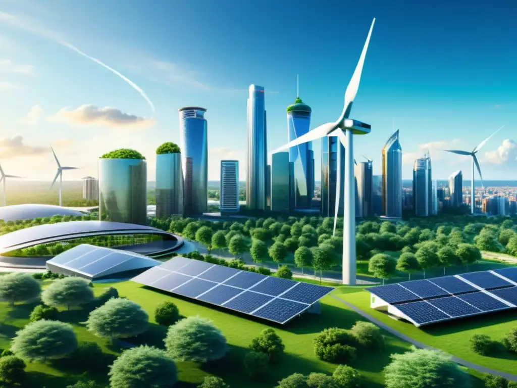Horizonte urbano futurista con rascacielos energéticamente eficientes y tecnología renovable