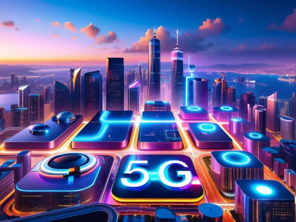 Metropolis futurista: 5G y realidad virtual se entrelazan Un horizonte urbano futurista con luces de neón y hologramas, mostrando la integración de la tecnología 5G y la Realidad Virtual
