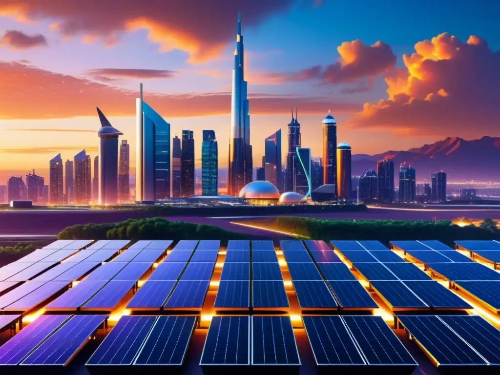 Horizonte urbano futurista con rascacielos interconectados por patrones de blockchain, iluminados por energía renovable al atardecer