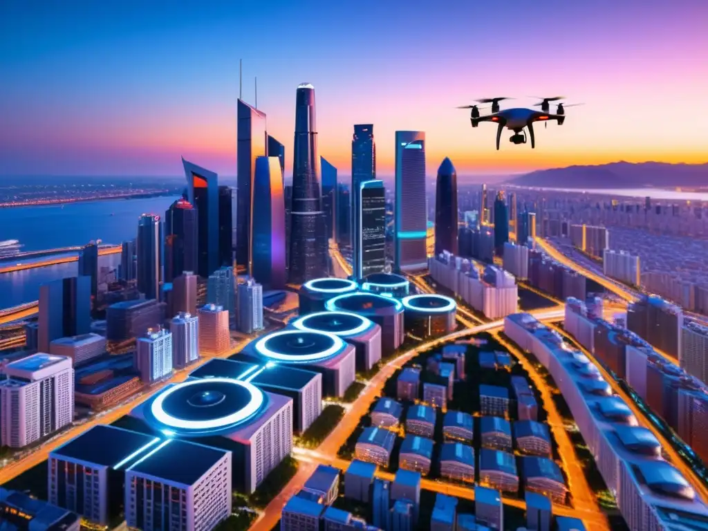 Horizonte futurista: IA y redes sociales Horizonte urbano futurista con rascacielos reflectantes, luces neón y un dron AI, transmitiendo la integración de algoritmos IA en redes sociales