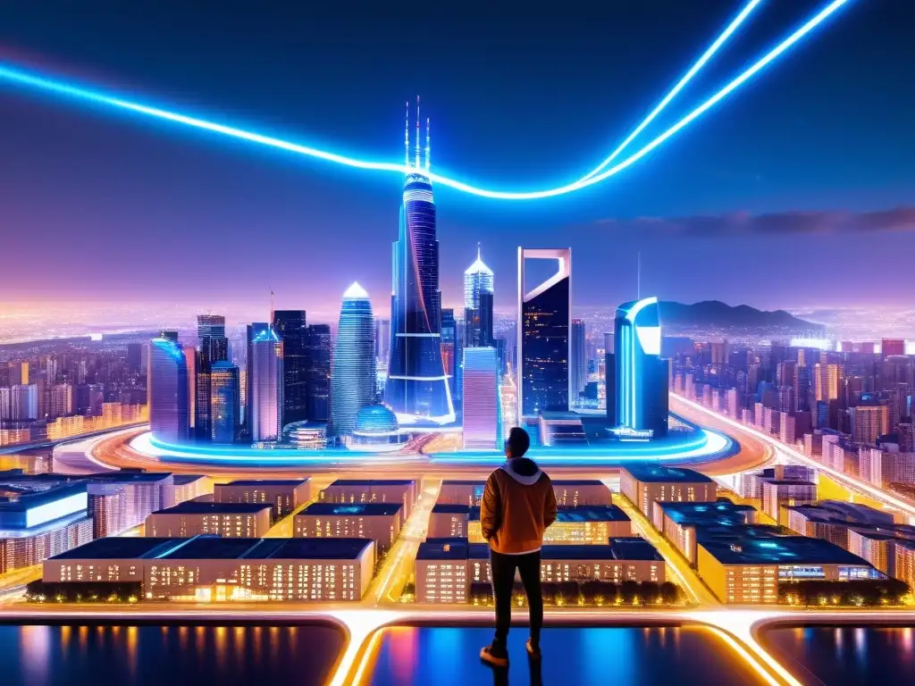 Horizonte urbano futurista y tecnológico de noche con señales 5G iluminando el cielo y flujos de datos entre rascacielos