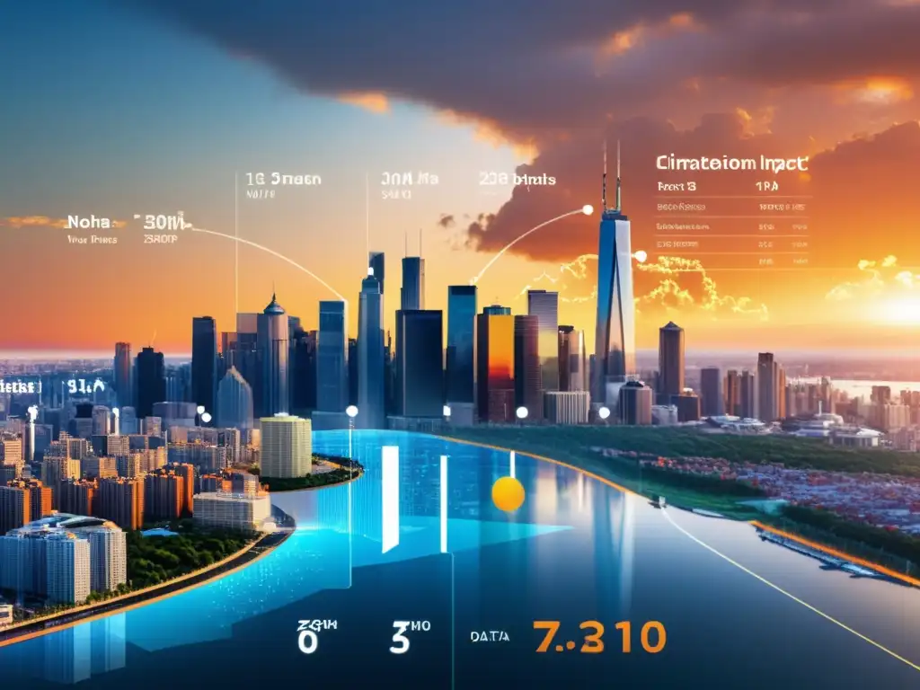 Horizonte urbano moderno con datos climáticos y sus implicaciones éticas en geoingeniería climática