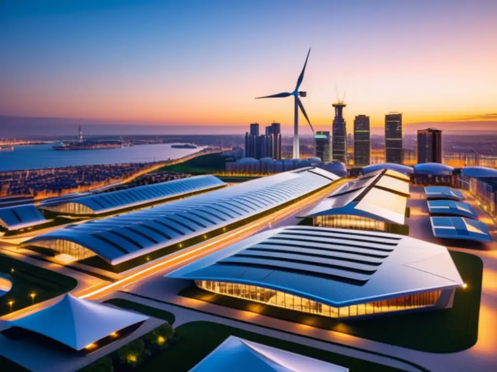 Horizonte urbano sostenible: energía renovable y progreso Horizonte urbano moderno con energía renovable integrada, reflejando progreso e innovación en la transición energética