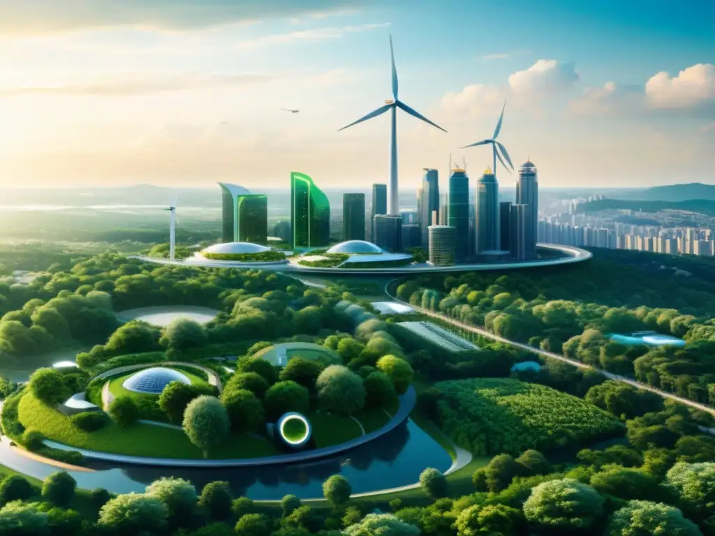 Horizonte urbano moderno con vegetación exuberante y energía renovable, destacando el impacto ambiental del 5G tecnología