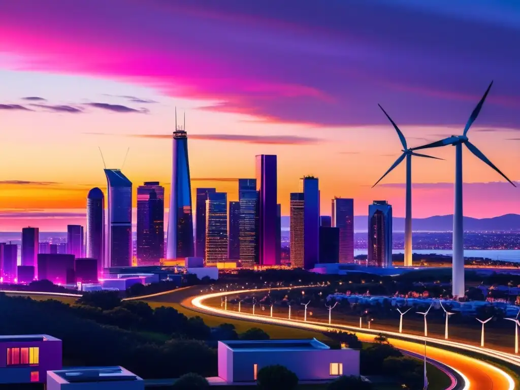 Horizonte urbano moderno y vibrante al atardecer, con edificios energéticamente eficientes y turbinas eólicas, reflejando una ley ambiental y sostenibilidad energética futurista y ecológica