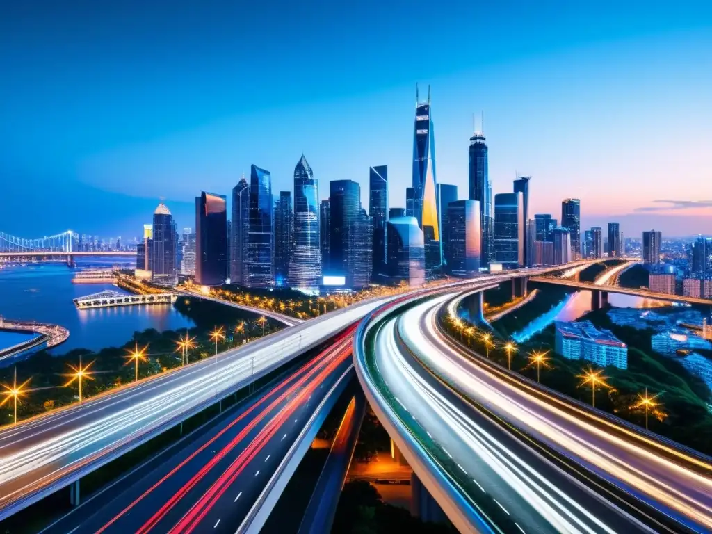 Horizonte urbano vibrante al anochecer, con rascacielos iluminados y una red de carreteras