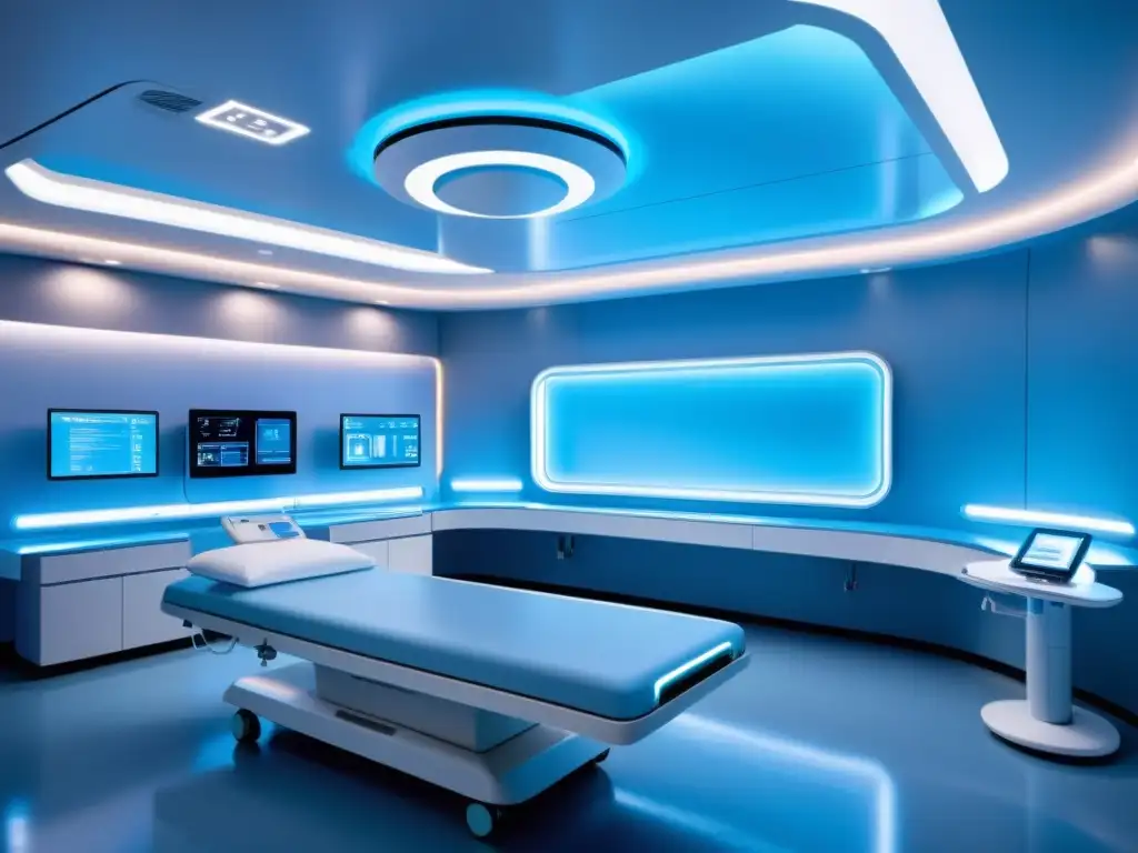 Un hospital futurista con avanzada tecnología médica y profesionales en uniformes modernos, creando una atmósfera serena y de alta tecnología