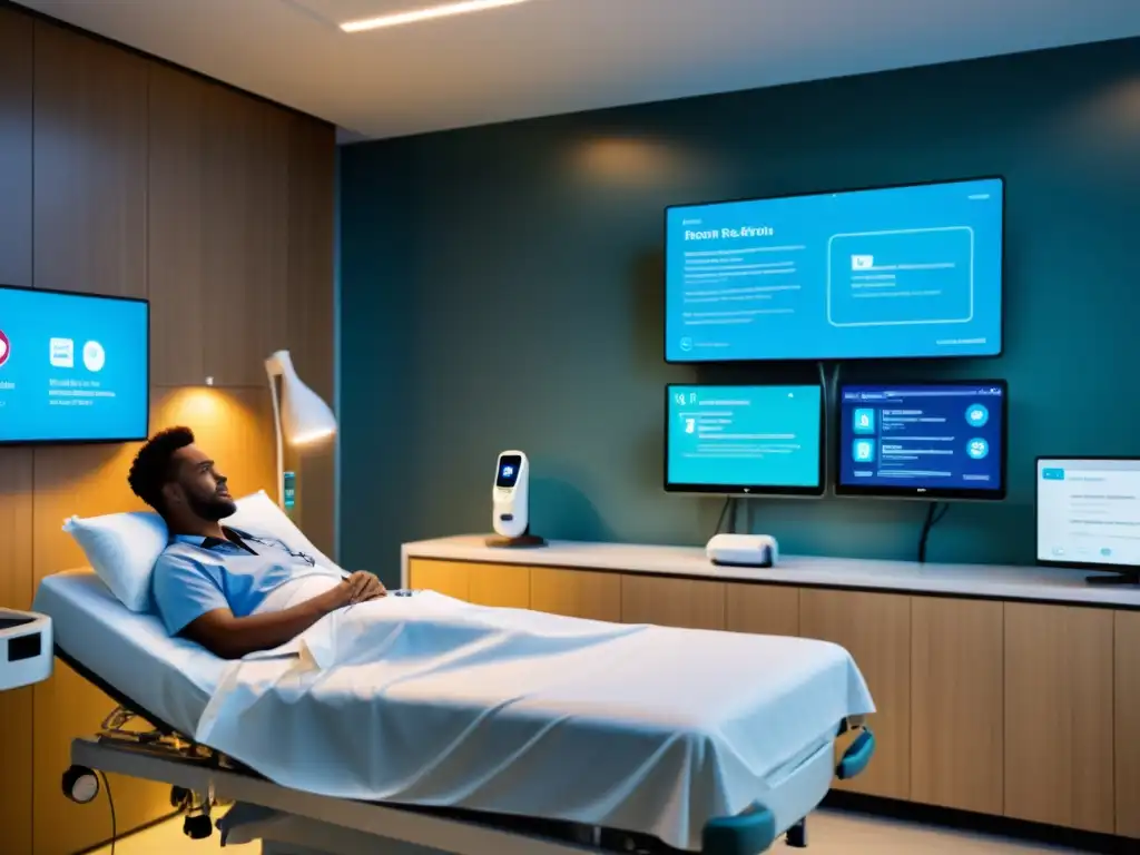 Un hospital moderno con avances tecnológicos IoT en salud, donde un paciente recibe atención personalizada y cuidados compasivos