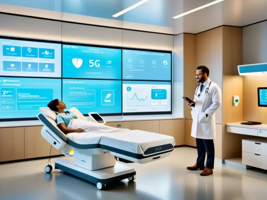 Un hospital moderno con tecnología avanzada de telemedicina y 5G integrado, destacando beneficios de la telemedicina con 5G en la salud del futuro