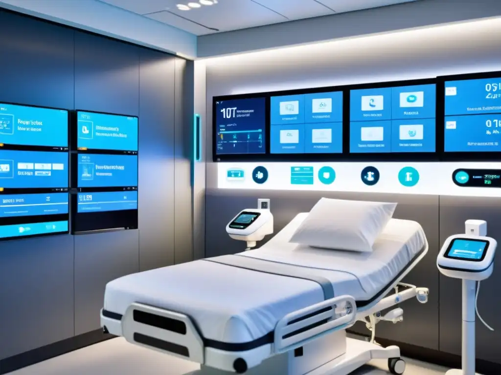 Automatización hospitalaria basada en IoT: Avanzada sala con dispositivos integrados, monitoreo inteligente, dispensadores automáticos y visualización de datos en pantallas futuristas, junto a avanzada robótica y comunicación eficiente