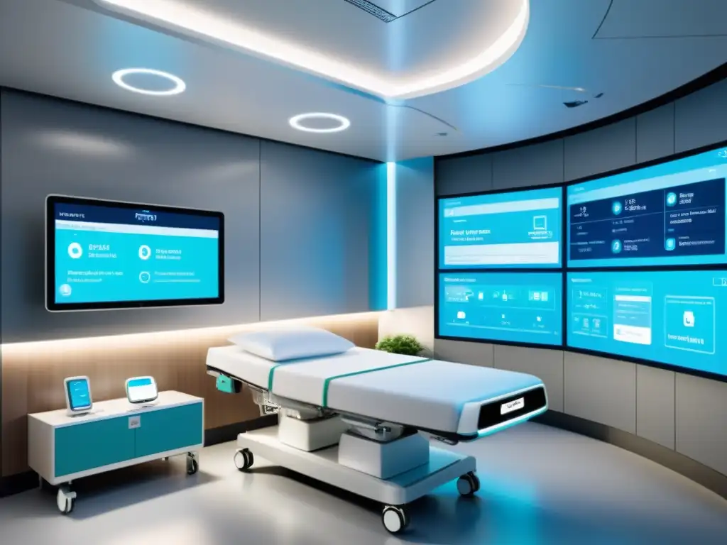 Automatización hospitalaria basada en IoT: Sala moderna con dispositivos inteligentes integrados, equipo médico conectado y diseño futurista