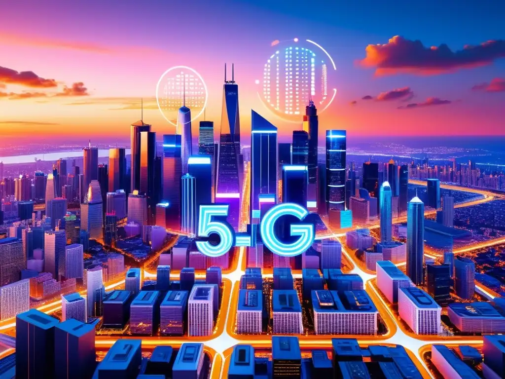 Una ilustración detallada de una futurista ciudad con rascacielos interconectados destacando los desafíos de seguridad del 5G en un vibrante atardecer