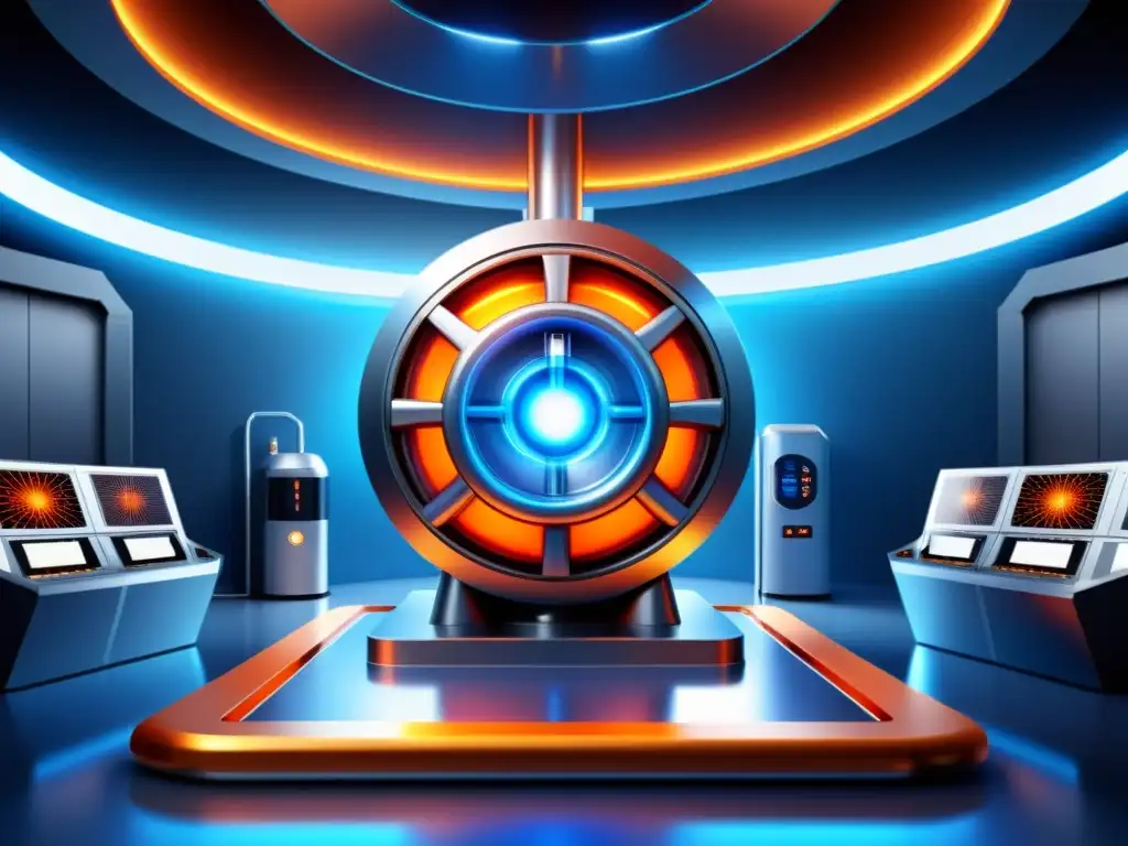 Una ilustración detallada de un reactor de fusión futurista con tecnología avanzada y científicos trabajando