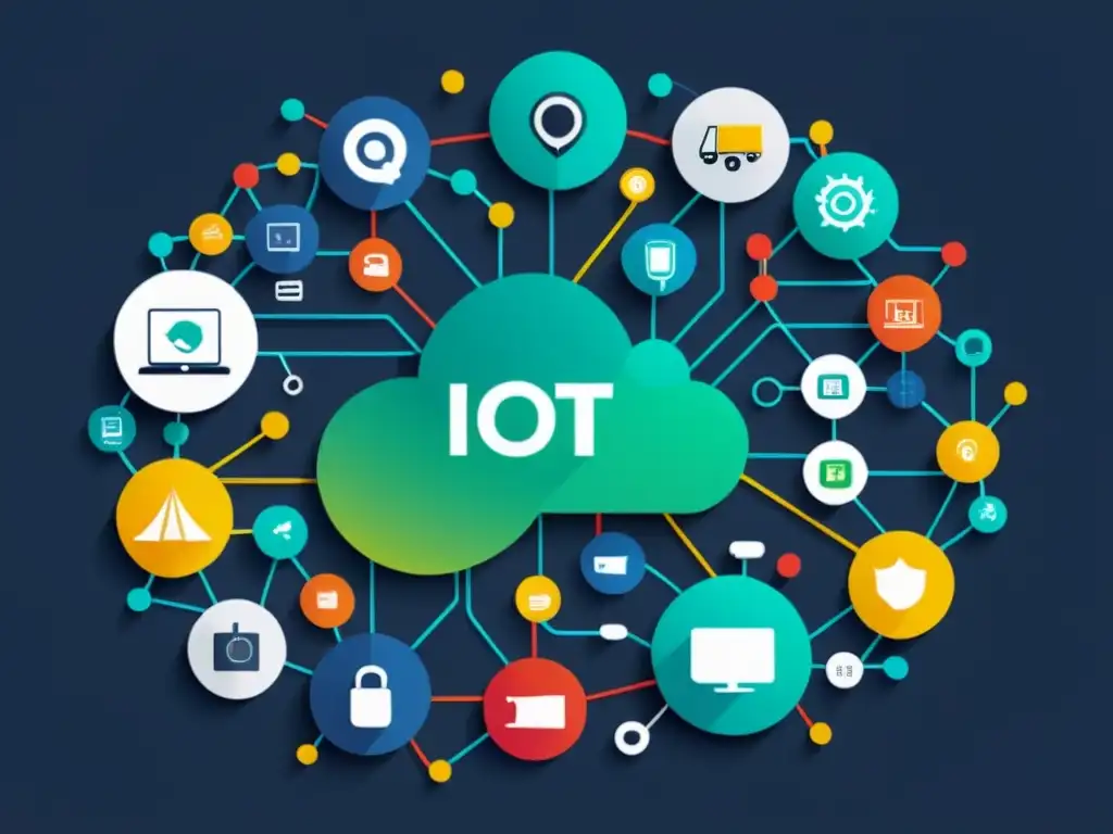 Una ilustración detallada de una red de dispositivos IoT interconectados, con una variedad de dispositivos como gadgets para el hogar inteligente, sensores industriales y tecnología para vestir